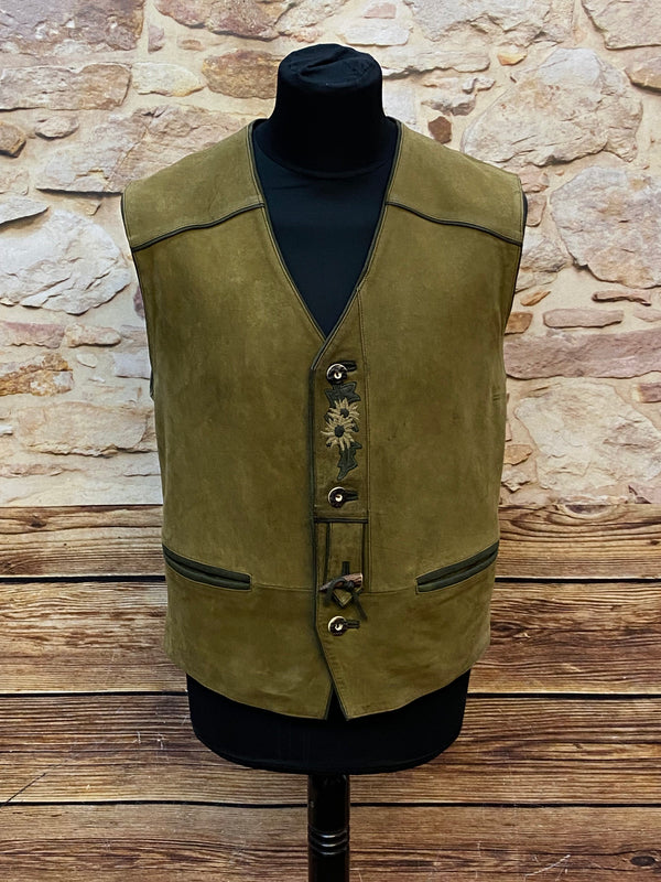 „Vintage Trachtenweste Herren aus echtem Leder grün mit Stickerei klassische Lederweste Trachtenstil“