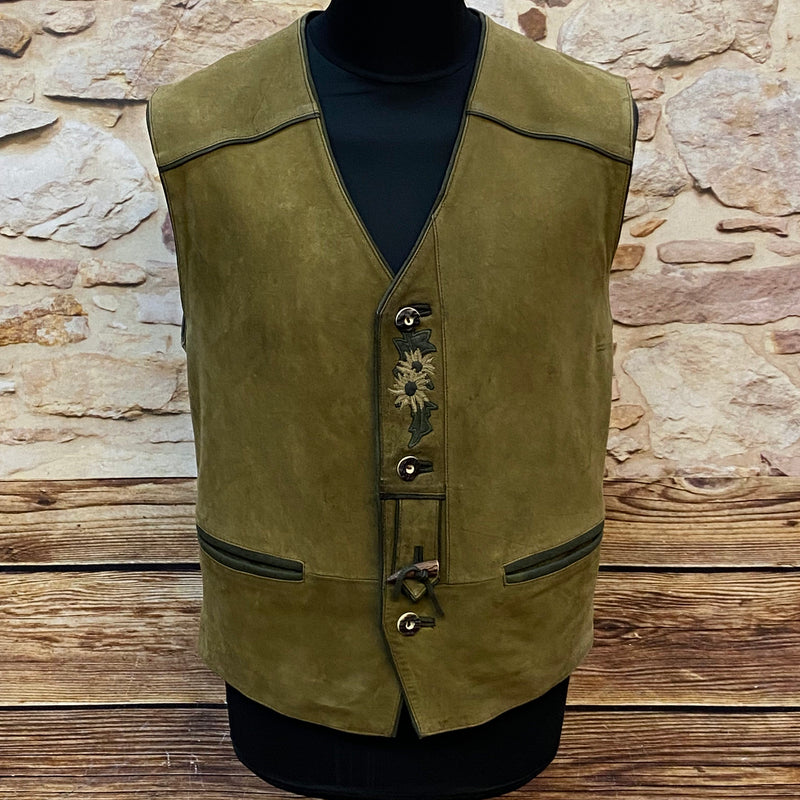 „Vintage Trachtenweste Herren aus echtem Leder grün mit Stickerei klassische Lederweste Trachtenstil“