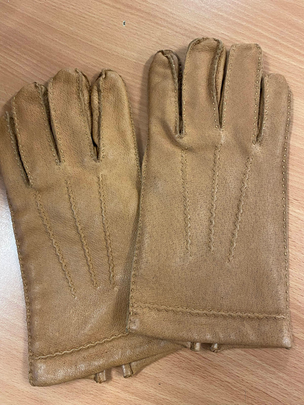 Beige Vintage-Lederhandschuhe mit Ziernähten