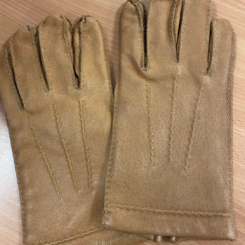 Beige Vintage-Lederhandschuhe mit Ziernähten