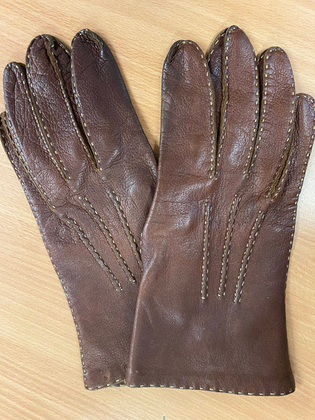 Braune Vintage-Lederhandschuhe mit hellen Kontrastnähten