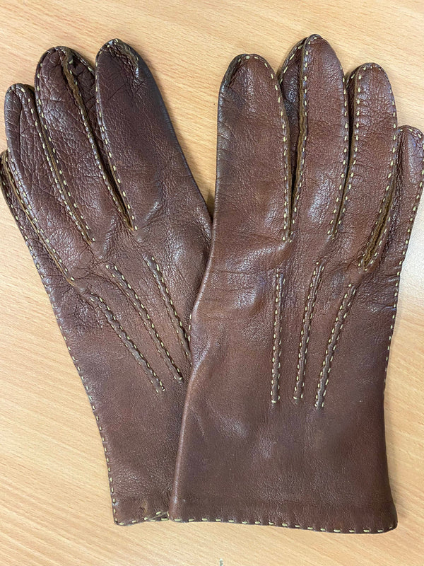 Braune Vintage-Lederhandschuhe mit hellen Kontrastnähten