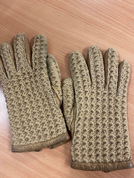 Vintage Lederhandschuhe mit beigem Strickrücken und braunem Leder