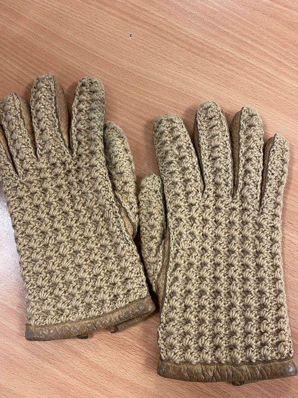 Vintage Lederhandschuhe mit beigem Strickrücken und braunem Leder