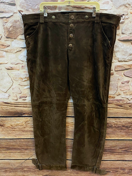 „Vintage Lederhose Herren braun Alphorn lange Form Kalbsleder Vorderansicht“
