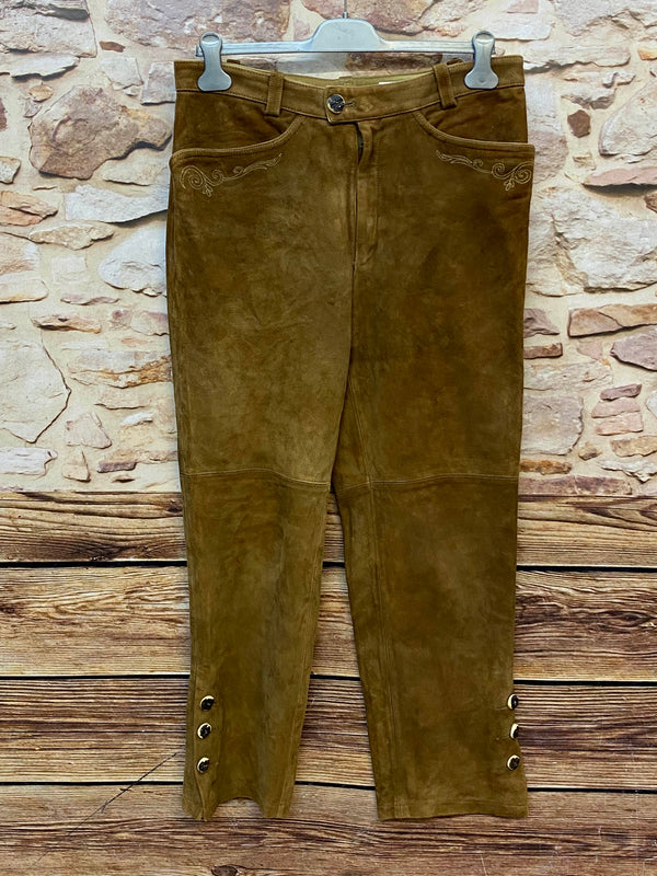 „Vintage Lederhose Herren hellbraun Wildbock Leder lange Form Vorderansicht Größe 50“