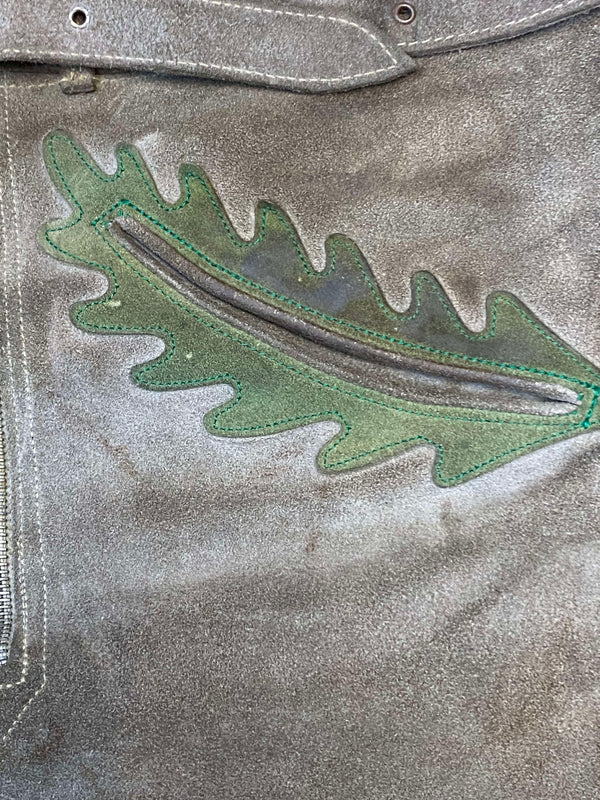 Kurze Lederhose 60er Doppelzipp Eichenlaub grau Bayern Rothenburg Unikat