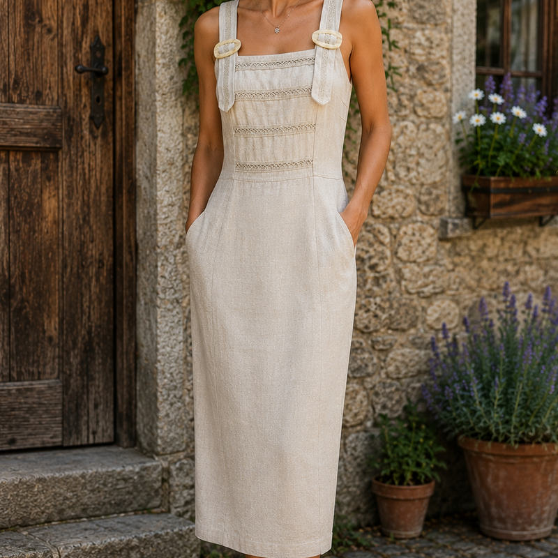KI-generiert: Damenmodel trägt ein Vintage Leinenkleid von Landhaus in Gr. 40 aus 100 % Leinen in Natur-Beige mit dekorativen Trägern und schmal geschnittenem Rock in ländlicher Umgebung.