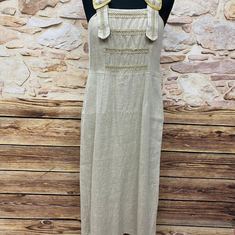 Vintage Leinenkleid von Landhaus in Natur-Beige für Damen in Größe 40, langes ärmelloses Trachtenkleid aus 100 % Leinen mit dekorativen Trägern