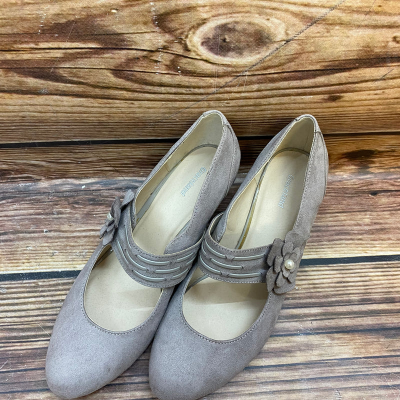 „„Vintage Mary Jane Pumps Damen taupe Größe 39 mit Blumenapplikation“