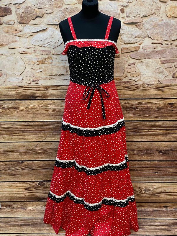 „Langes Vintage Kleid 70er Jahre rot schwarz Punkte Maxikleid“