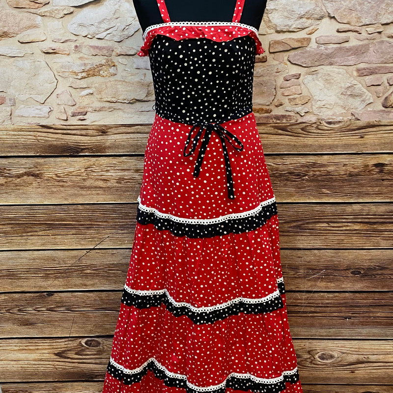 „Langes Vintage Kleid 70er Jahre rot schwarz Punkte Maxikleid“