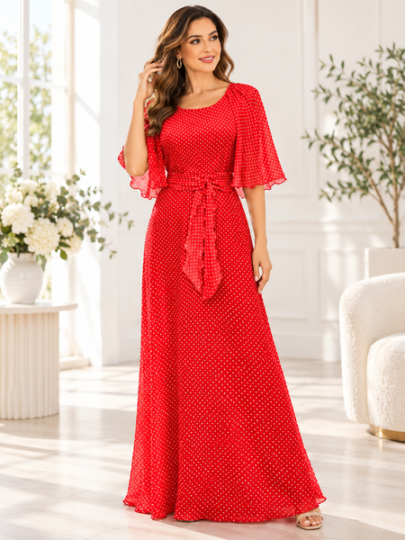 Rotes Vintage Maxikleid mit weißen Punkten im 70er-Jahre-Stil