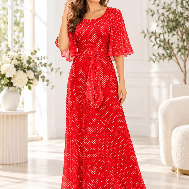 Rotes Vintage Maxikleid mit weißen Punkten im 70er-Jahre-Stil