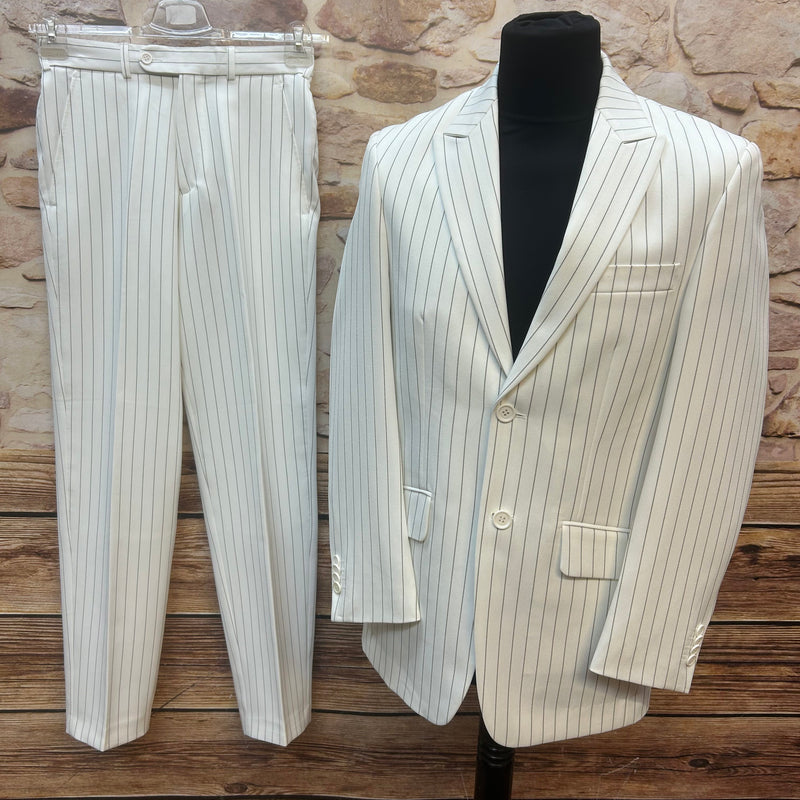 „Weißer Vintage-Nadelstreifen-Anzug in Größe 42 mit Hose und Sakko im 20er-Jahre-Stil“