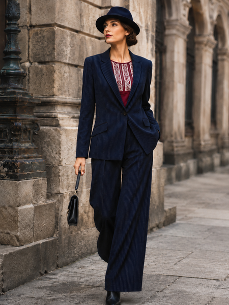 „Dunkelblaues Vintage Nadelstreifen Kostüm für Damen mit Blazer, weiter Hose und Hut vor historischer Architektur“