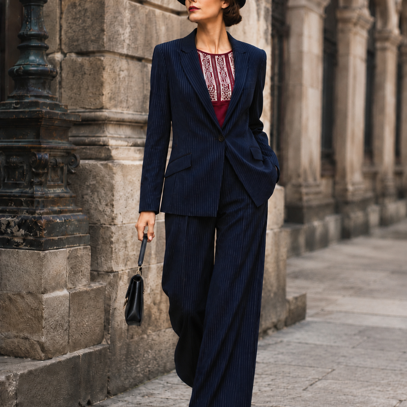 „Dunkelblaues Vintage Nadelstreifen Kostüm für Damen mit Blazer, weiter Hose und Hut vor historischer Architektur“