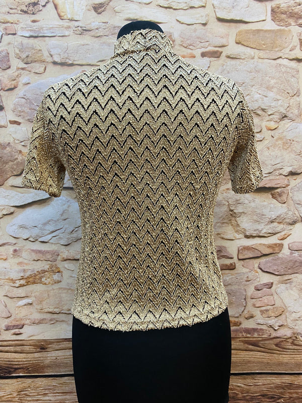 „Vintage Glitzer Shirt Damen Größe M in Gold Schwarz Rückansicht“