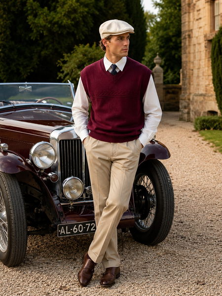 „Männliches Modell in Vintage Oldtimer Outfit mit bordeauxfarbenem Pullunder, weißem Hemd, Ascot, beiger Hose und heller Schiebermütze vor klassischem Oldtimer“