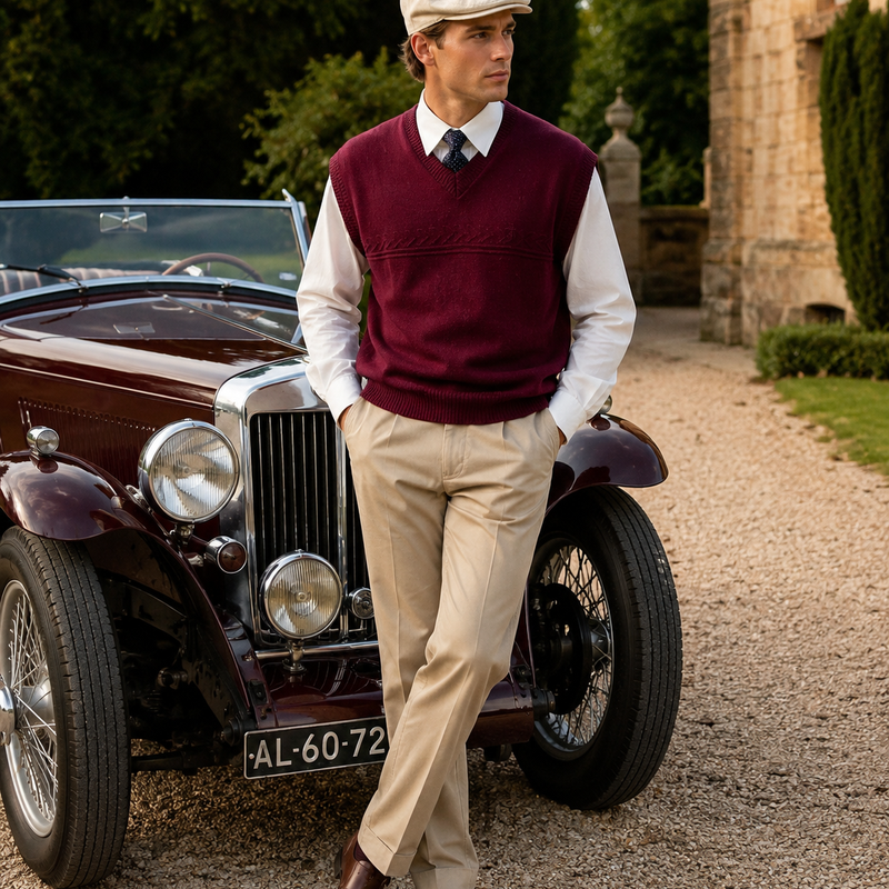 „Männliches Modell in Vintage Oldtimer Outfit mit bordeauxfarbenem Pullunder, weißem Hemd, Ascot, beiger Hose und heller Schiebermütze vor klassischem Oldtimer“