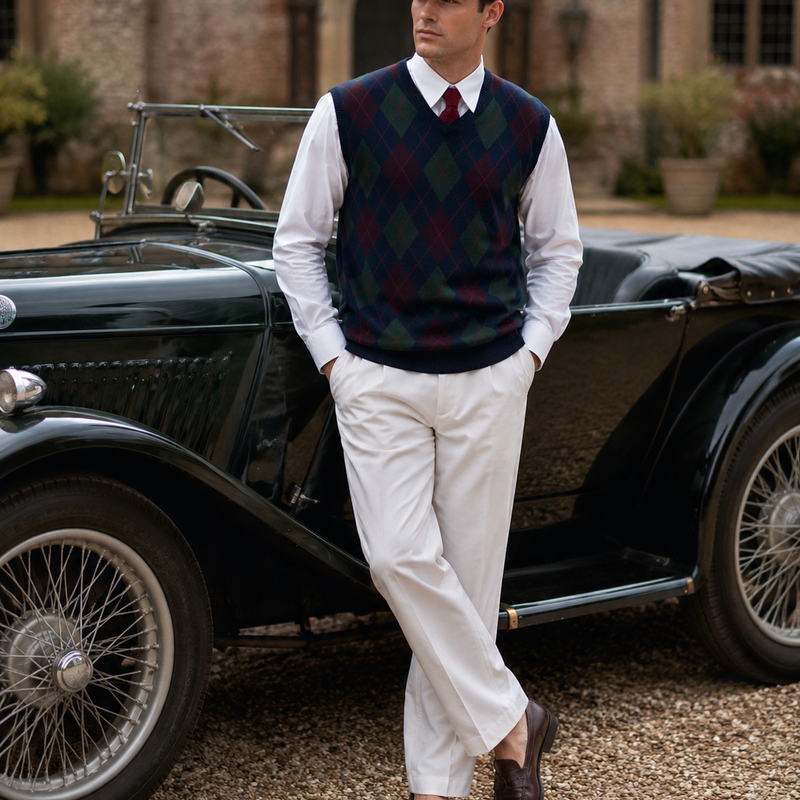 „Vintage Unikat Oldtimer Outfit für Herren mit weißer Schiebermütze, weißem Hemd, gemusterter Pullunderweste, Strickkrawatte und heller Hose“
