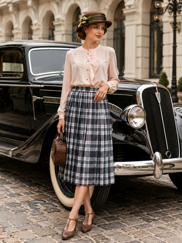 „Elegantes Vintage Damen Outfit mit rosa Bluse, kariertem Plisseerock, braunem Hut und klassischem Oldtimer vor historischer Architektur“