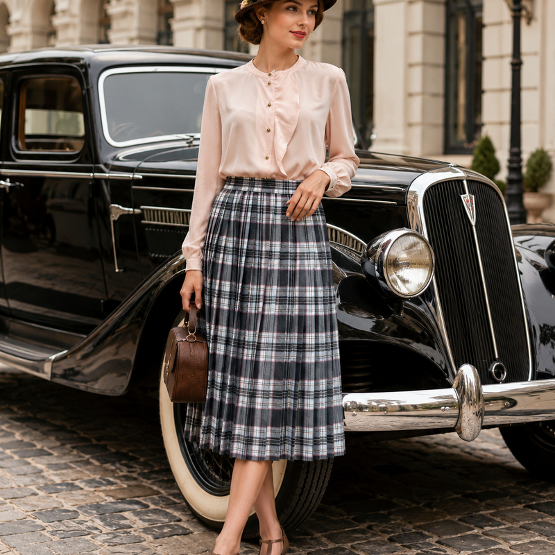 „Elegantes Vintage Damen Outfit mit rosa Bluse, kariertem Plisseerock, braunem Hut und klassischem Oldtimer vor historischer Architektur“