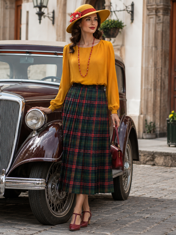 „Elegantes Vintage Damen Outfit mit gelber Plissee-Bluse, kariertem Midirock, Hut und Oldtimer im Retro Stil“