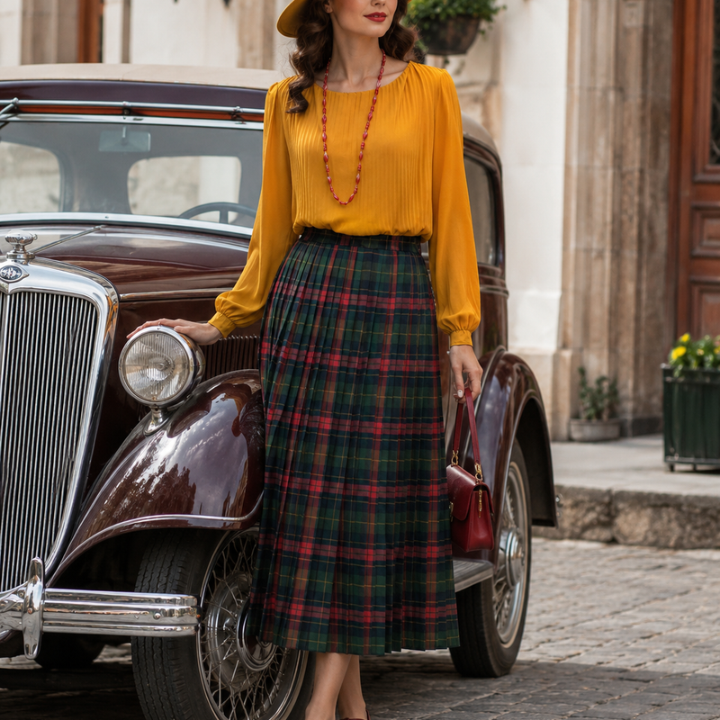 „Elegantes Vintage Damen Outfit mit gelber Plissee-Bluse, kariertem Midirock, Hut und Oldtimer im Retro Stil“