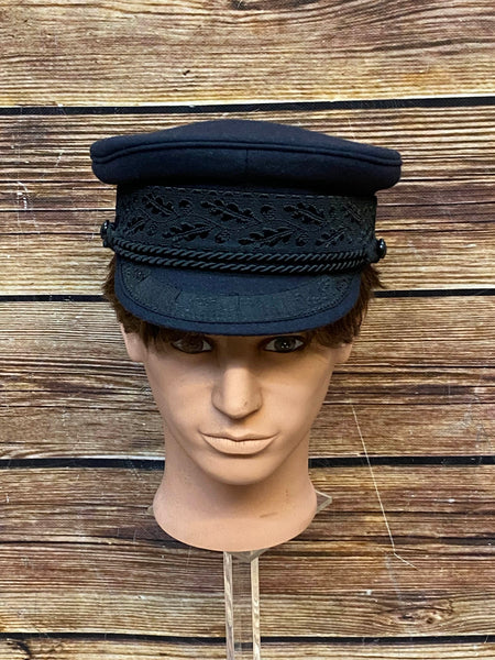 „Vintage Prinz-Heinrich-Mütze in Schwarz mit Kordel und Stickdetails, Größe 58 – klassische Schirmmütze Made in Germany“