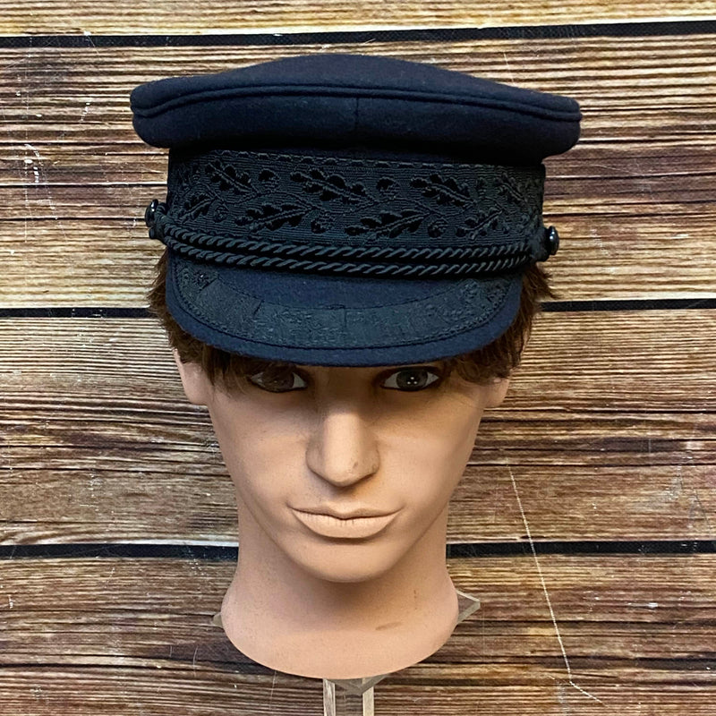 „Vintage Prinz-Heinrich-Mütze in Schwarz mit Kordel und Stickdetails, Größe 58 – klassische Schirmmütze Made in Germany“