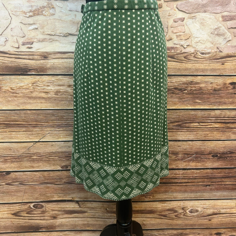 Grüner Vintage-Rock Gr. 40 mit weißem Streumuster, Stretch und Futter, Bund 80 cm, Länge 66 cm – 80er/90er Stil, guter Zustand
