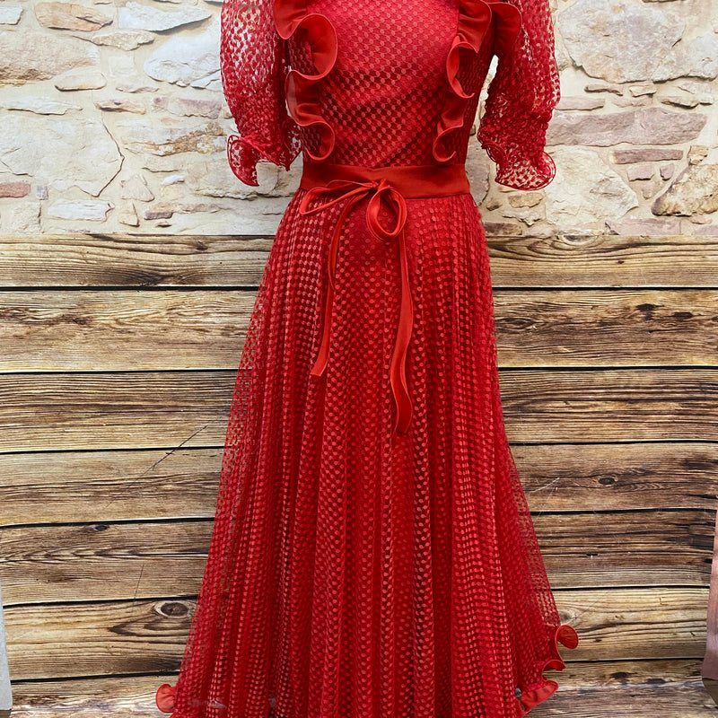 rotes Vintage Rüschen-Maxikleid mit Netzspitze und Bindegürtel, Gr. 36