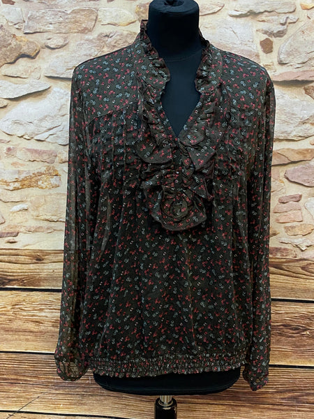 „Vintage Rüschenbluse Damen dunkelgrün Blumenmuster Vorderansicht“