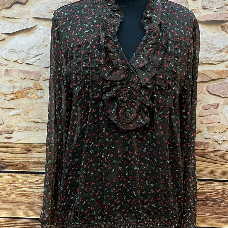 „Vintage Rüschenbluse Damen dunkelgrün Blumenmuster Vorderansicht“