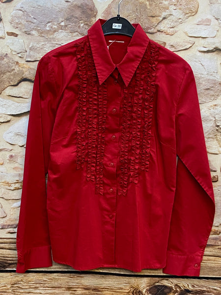 „Vintage Rüschenbluse rot glänzend elegant Größe 38“