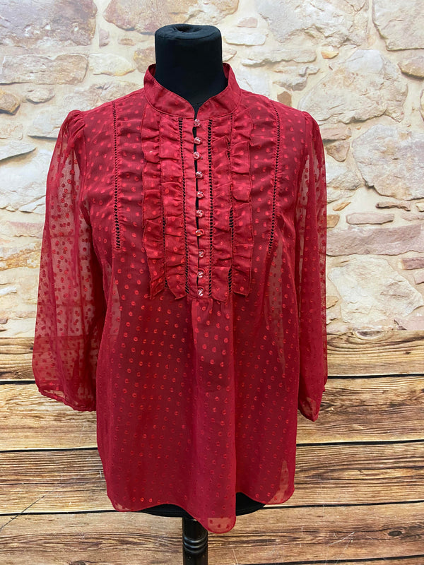 „Vintage Rüschenbluse rot Damen transparent Punkte Lindex Größe 40 elegant“