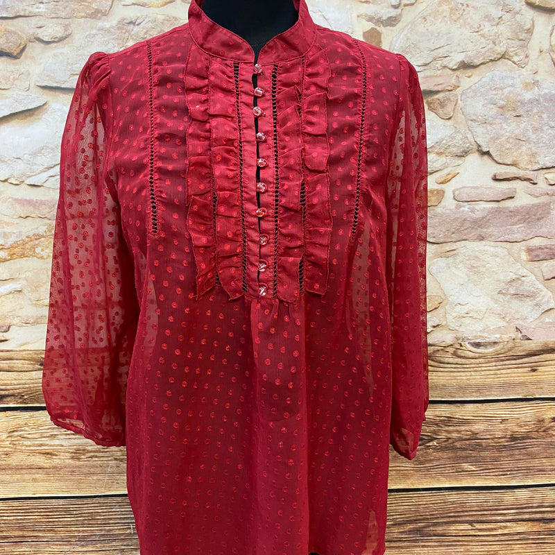 „Vintage Rüschenbluse rot Damen transparent Punkte Lindex Größe 40 elegant“