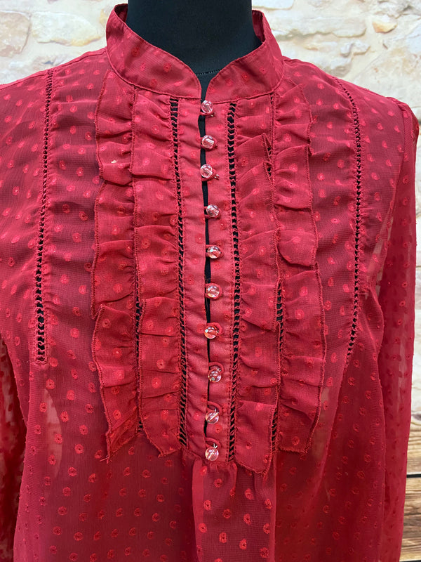 „Elegante rote Vintage Bluse mit Rüschen und Punkten Damen Oberteil festlich“