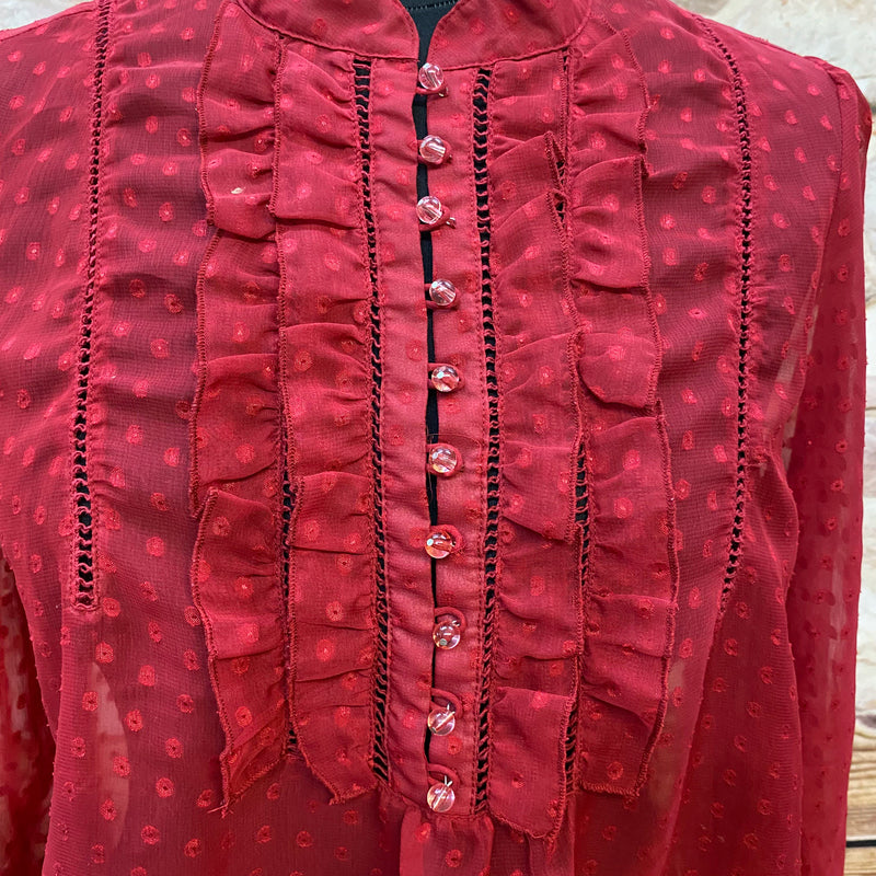 „Elegante rote Vintage Bluse mit Rüschen und Punkten Damen Oberteil festlich“