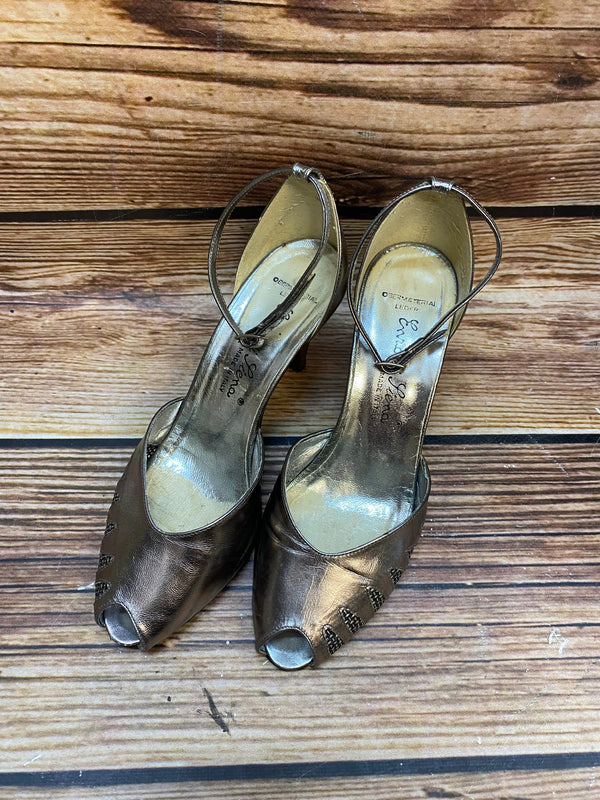 „Vintage Leder Sandaletten silber Peeptoe Größe 37 Made in Italy“