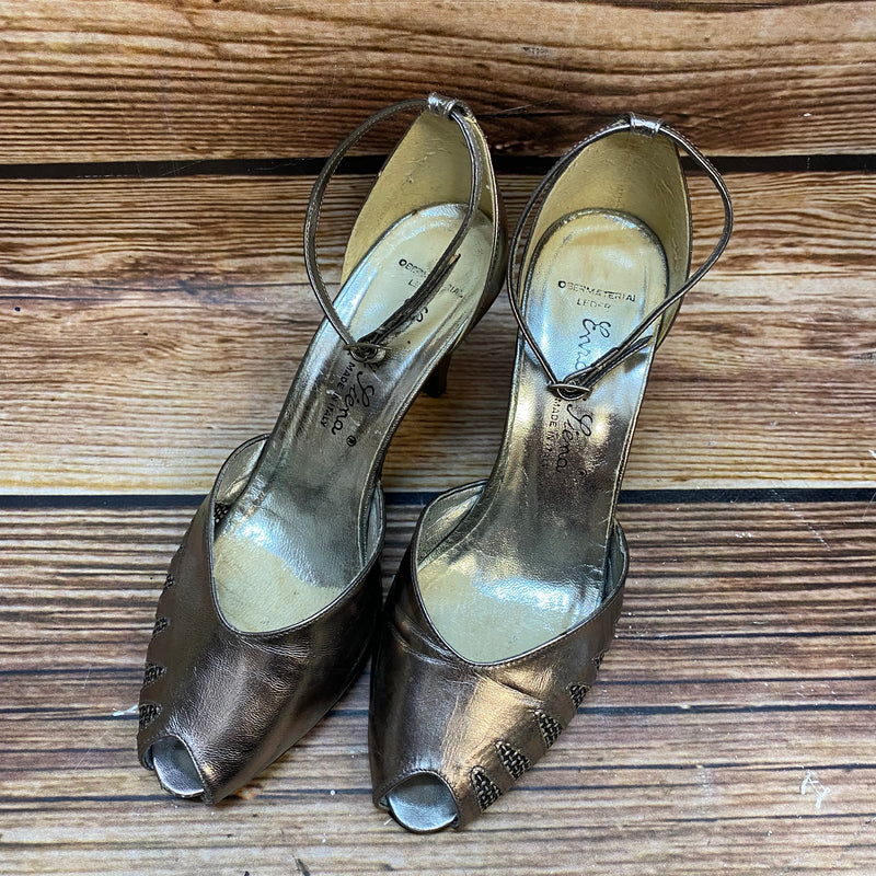 „Vintage Leder Sandaletten silber Peeptoe Größe 37 Made in Italy“