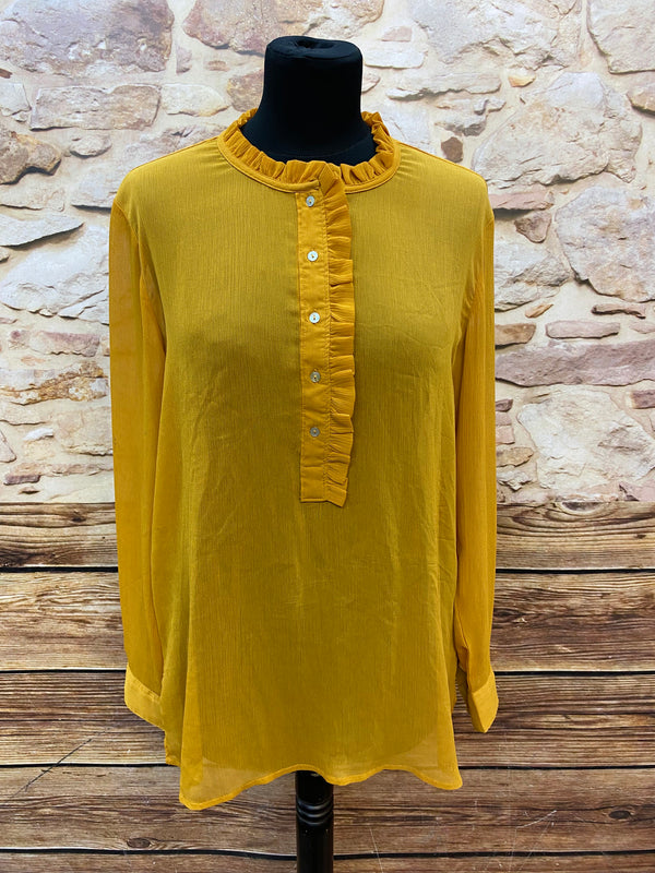 „Vintage Schluppenbluse sonnengelb H&M Größe 42 mit Rüschenkragen Frontansicht“