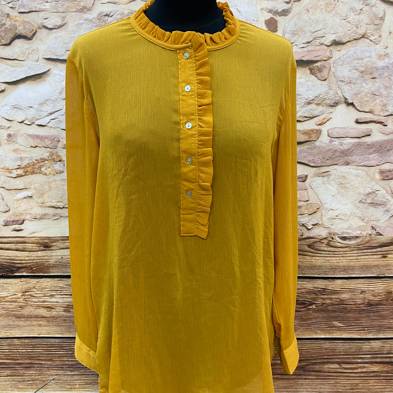 „Vintage Schluppenbluse sonnengelb H&M Größe 42 mit Rüschenkragen Frontansicht“