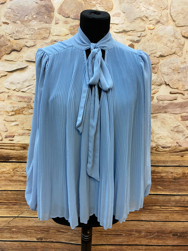 „Vintage Schluppenbluse himmelblau mit Plissee Größe S Damen