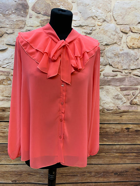 „Vintage Schluppenbluse korallenrot mit Rüschen Größe L Damen“