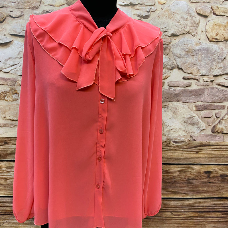 „Vintage Schluppenbluse korallenrot mit Rüschen Größe L Damen“