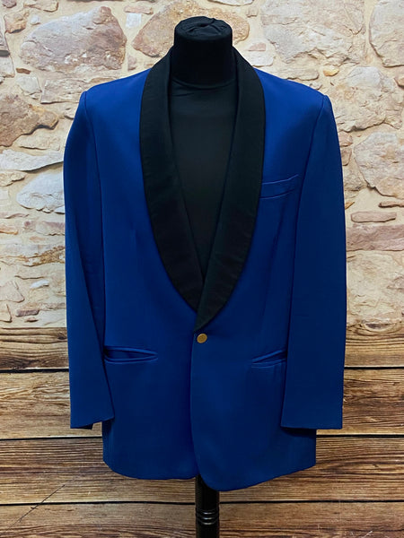 Vintage Smoking-Blazer in Royalblau mit schwarzem Satin-Revers, Größe 50/52, vom Uniformhaus Karl Hintzen.