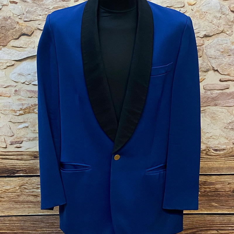Vintage Smoking-Blazer in Royalblau mit schwarzem Satin-Revers, Größe 50/52, vom Uniformhaus Karl Hintzen.