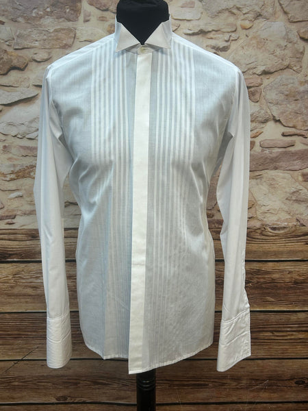 Weißes Vintage Smokinghemd Gr. 38 mit Kläppchenkragen für Fliege und Manschetten für Manschettenknöpfe, elegante Streifenfront